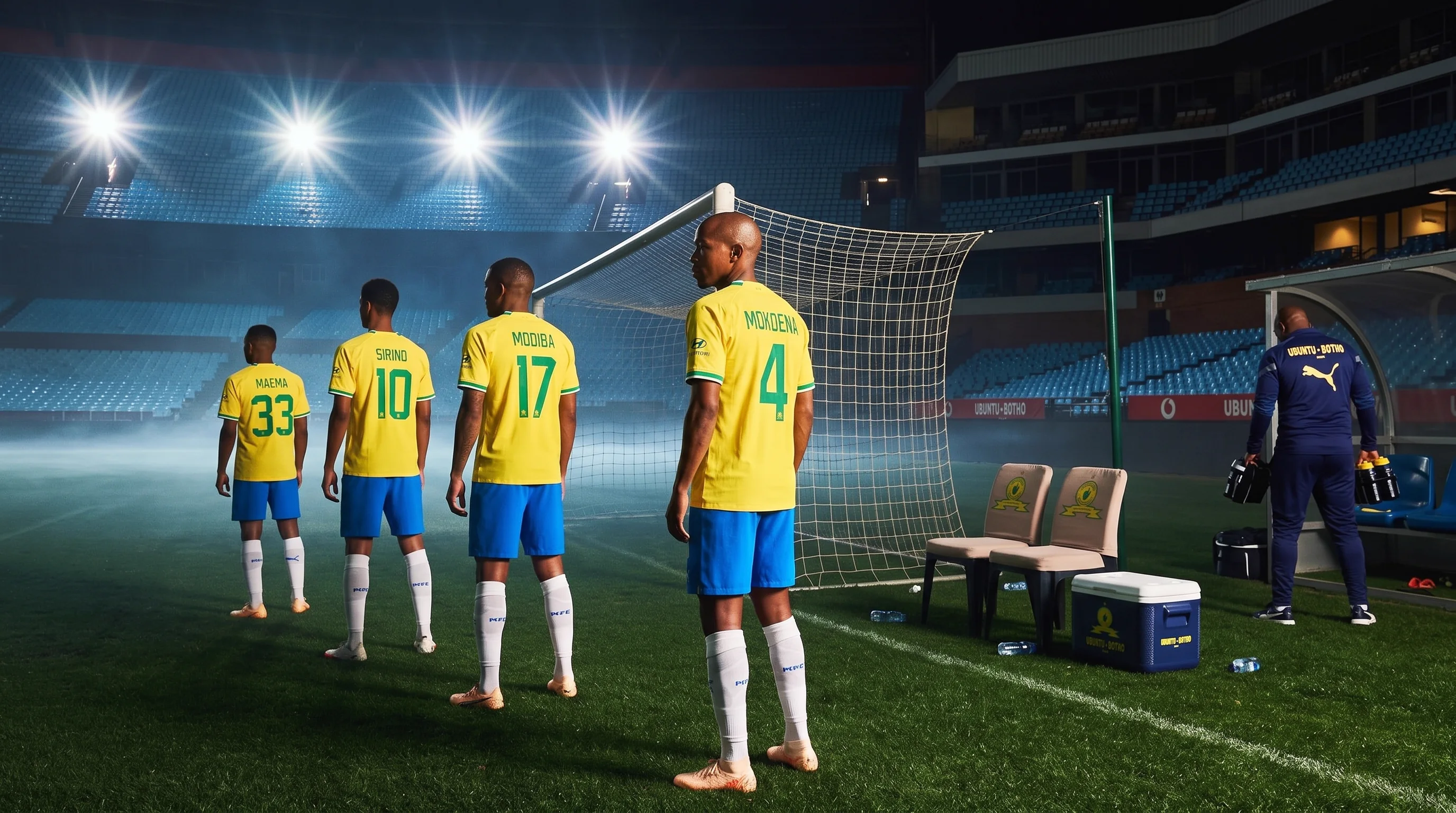 Sundowns players facing the stadium together