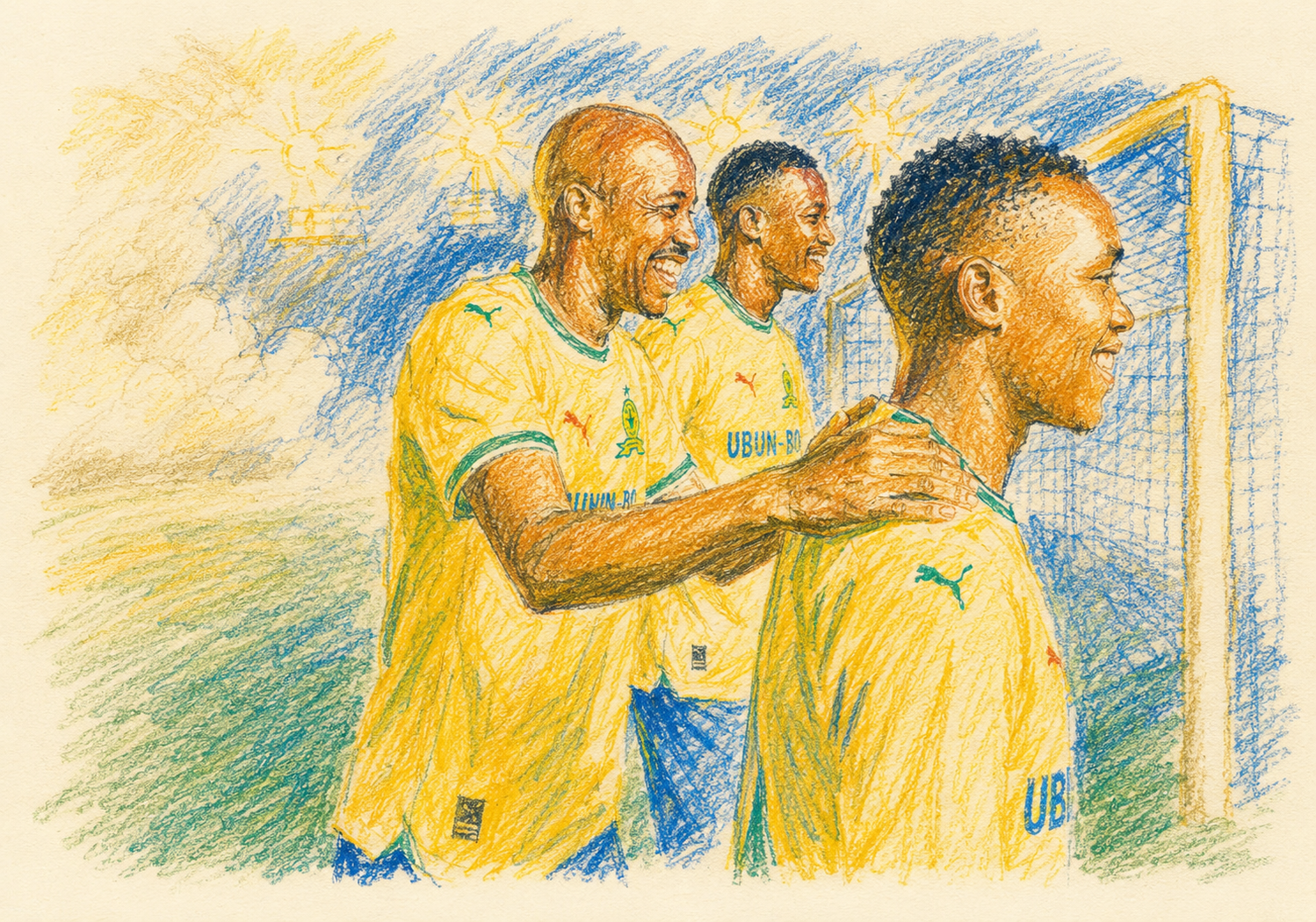 Crayon-style illustration of Sundowns players celebrating together beside the goal