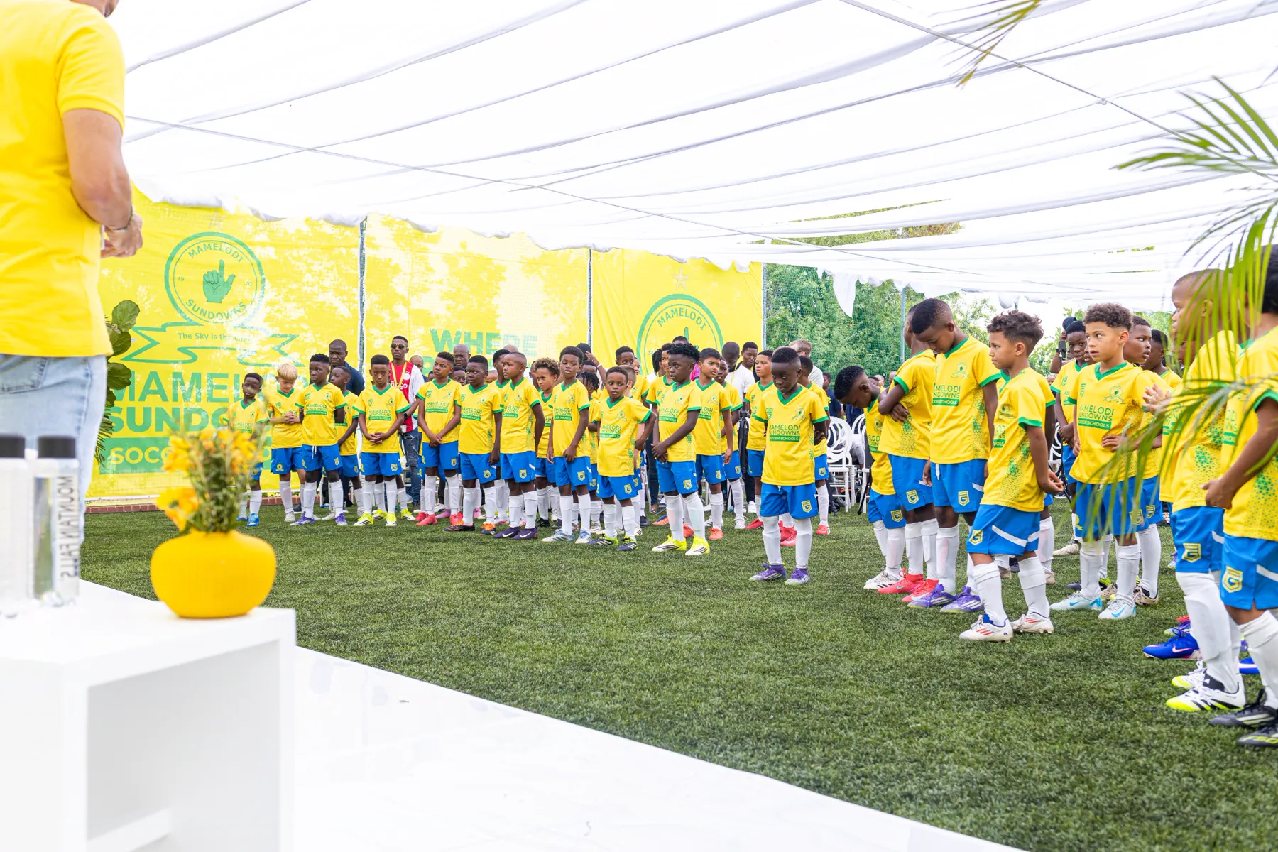 Young Soccer Schools players gathered at a Mamelodi Sundowns programme event