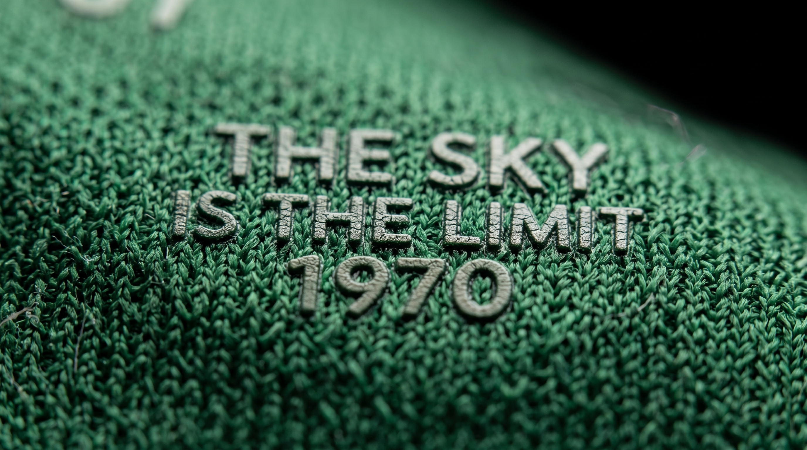 Macro detail of green Sundowns fabric carrying The Sky is the Limit and 1970