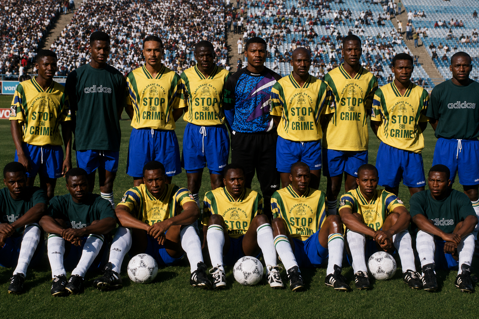A Mamelodi Sundowns squad in classic yellow Stop Crime shirts photographed at the stadium
