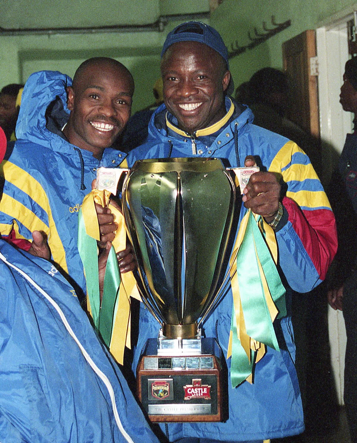 Sundowns players celebrating with the Castle Premiership trophy