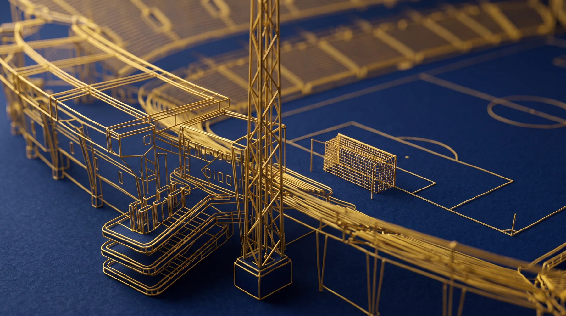 Gold wireframe concept study of a football stadium and pitch