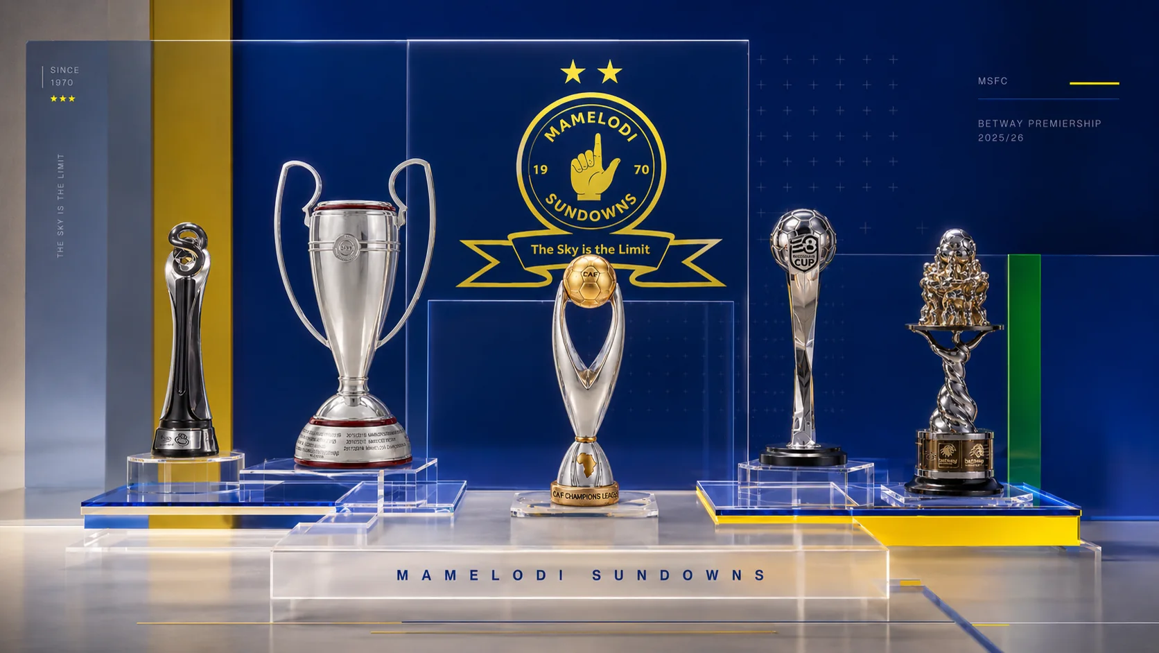 Mamelodi Sundowns honours displayed in an illuminated trophy gallery
