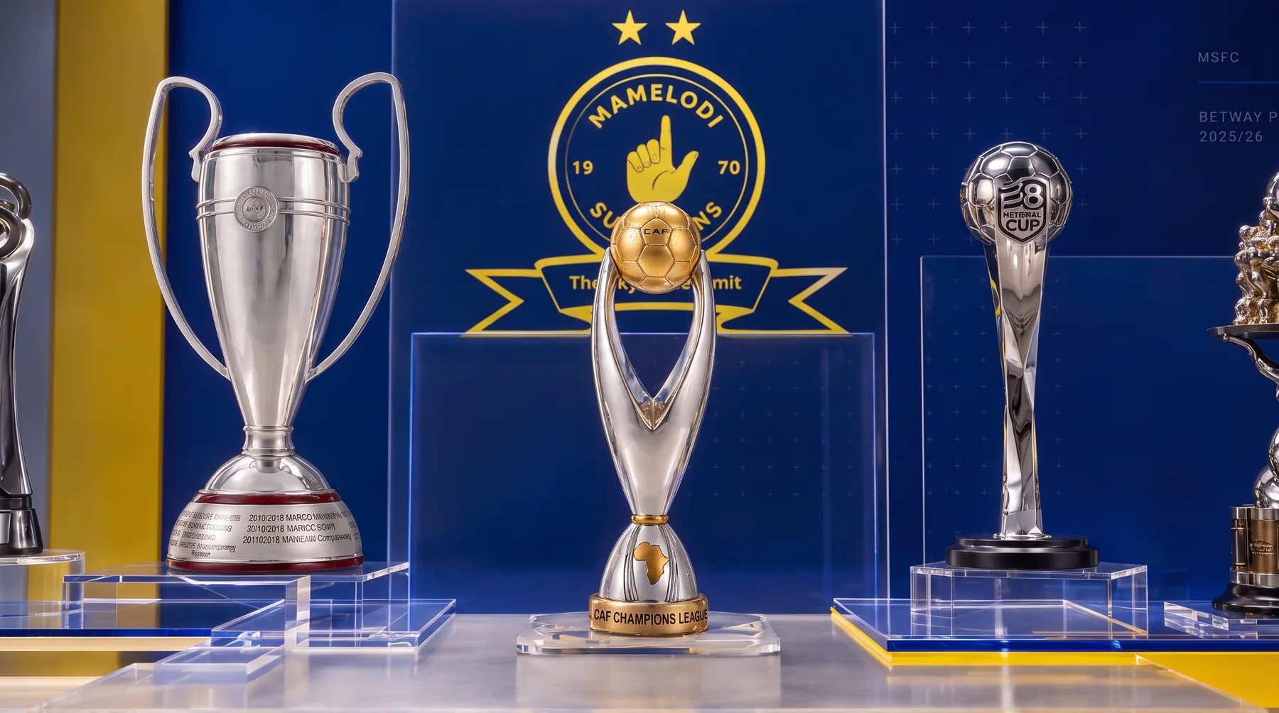Close view of the Sundowns trophy cabinet and CAF Champions League trophy