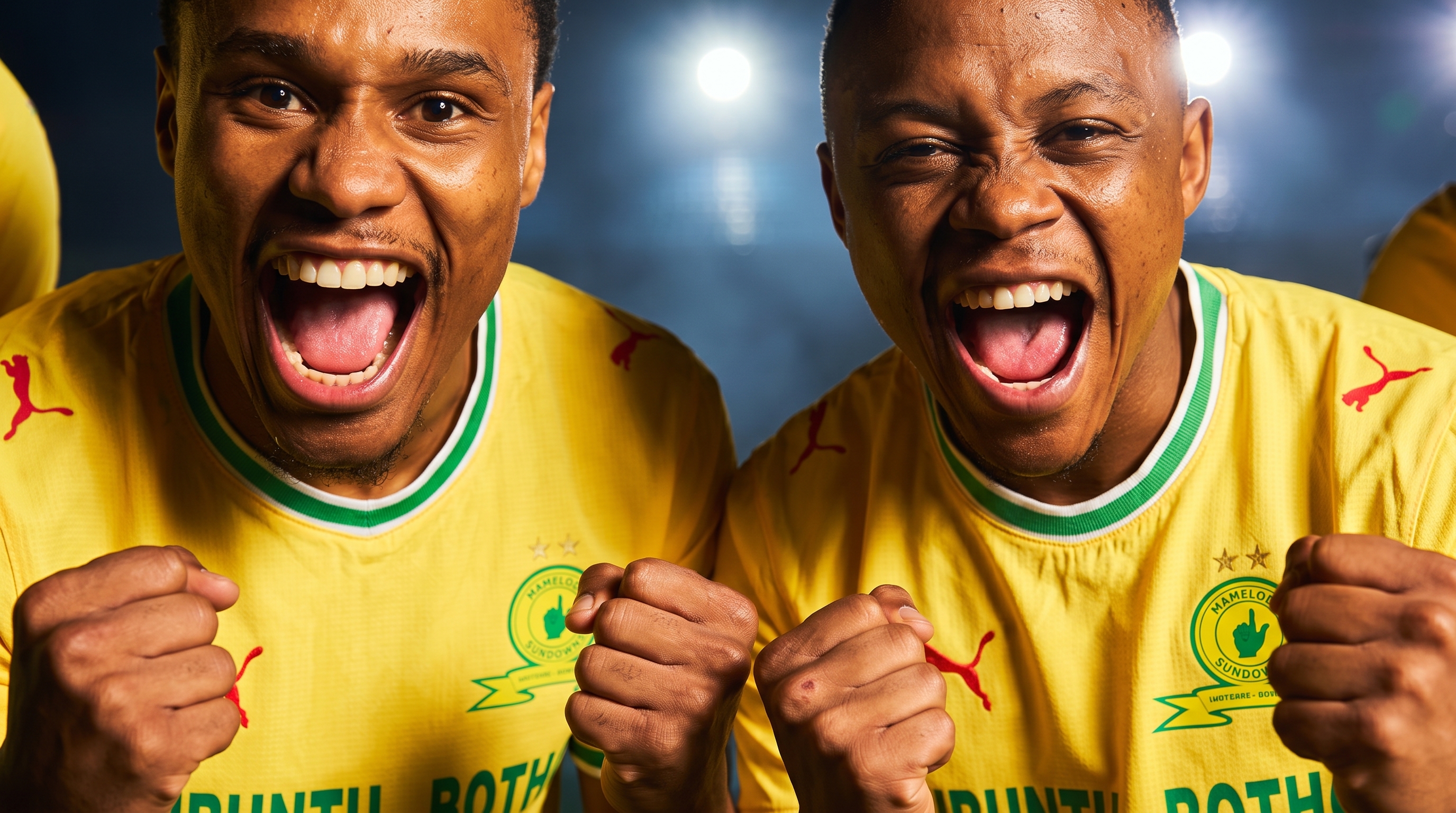 Two Sundowns players celebrate in the two-star home shirt