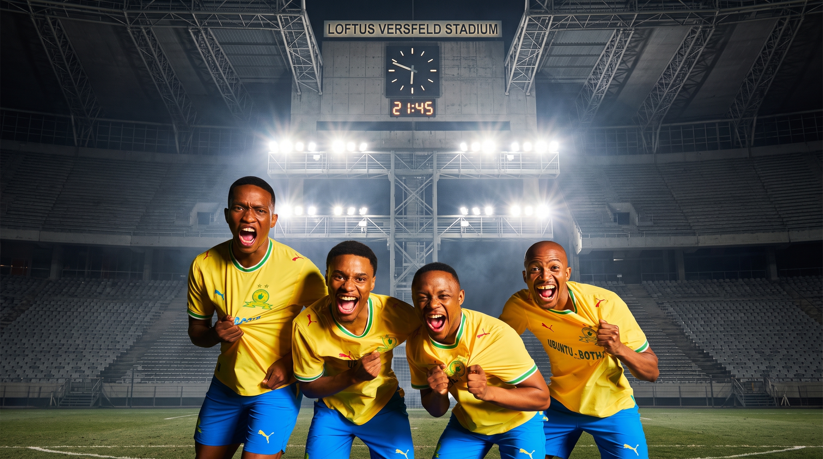 Mamelodi Sundowns players wearing the two-star home kit at Loftus Versfeld