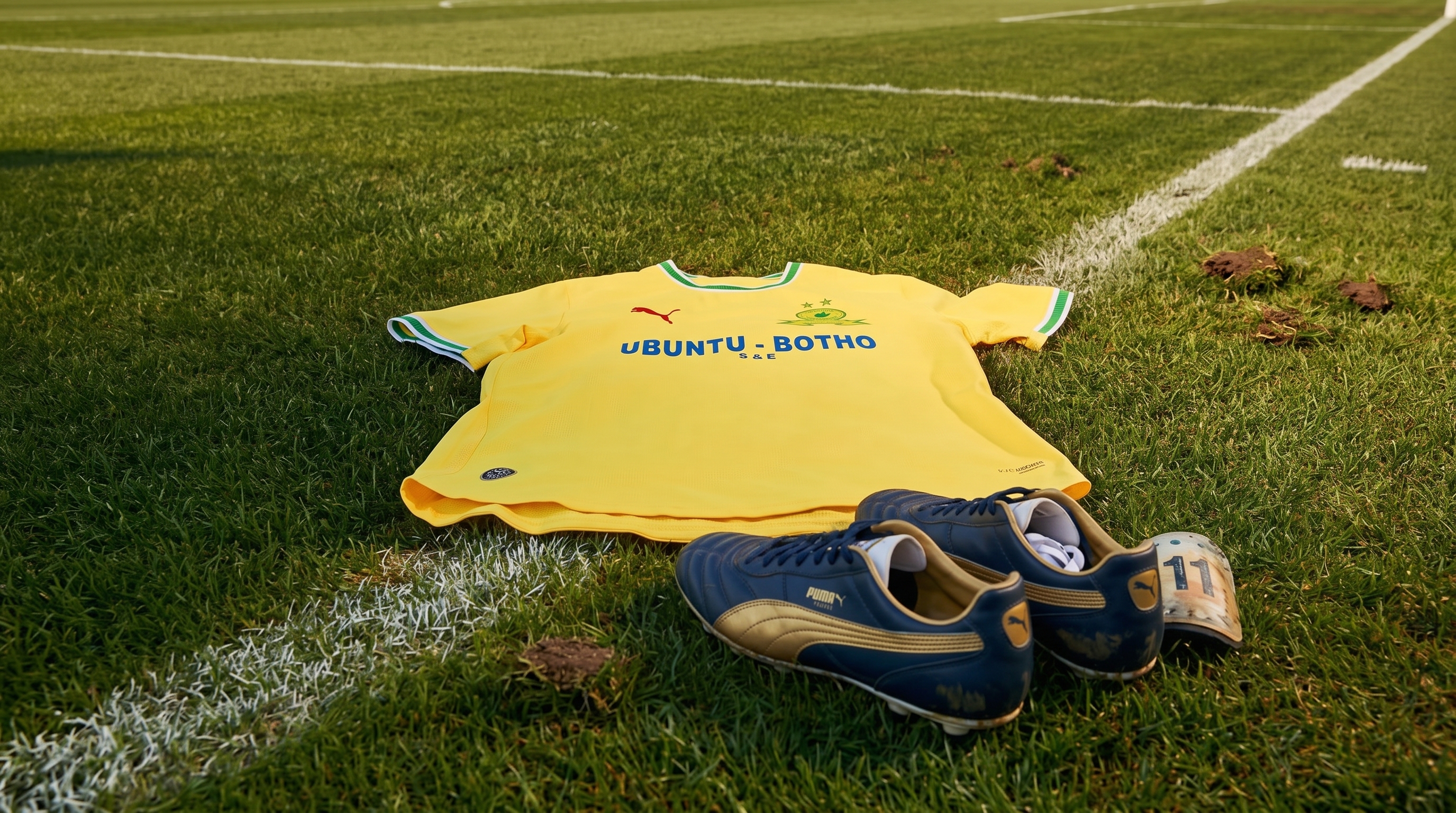 The new Sundowns shirt and boots laid out on the pitch