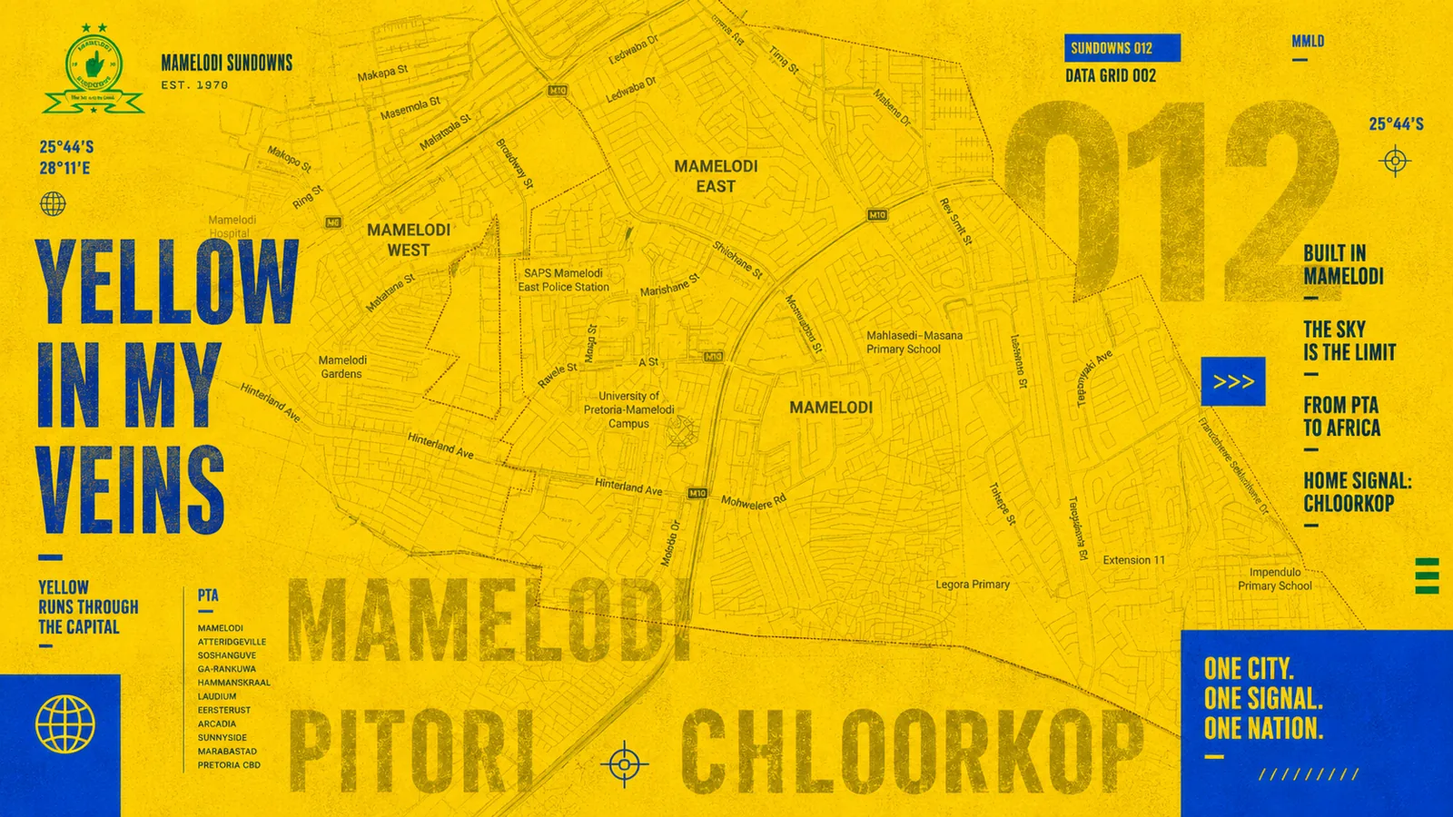 A graphic street map tracing Mamelodi and Pretoria in Sundowns yellow and blue